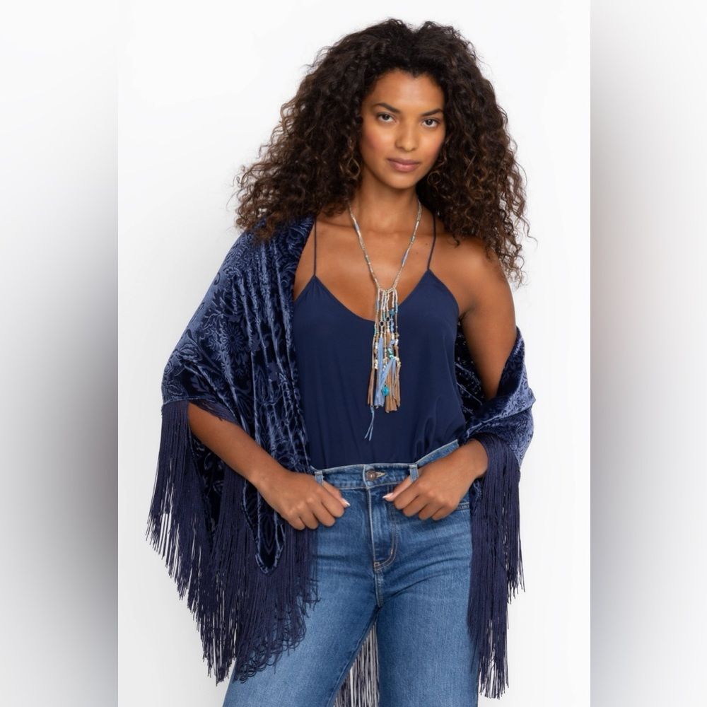 Navy Blue Silk Velvet Burnout Wrap Shawl Fringe Boho Western Party
